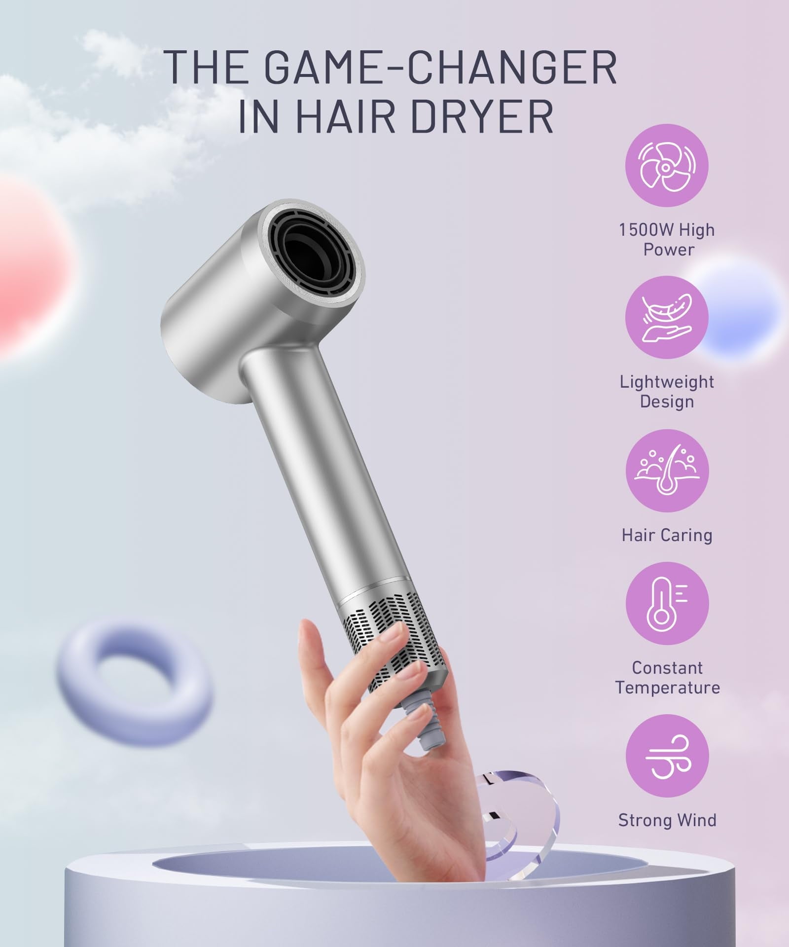 Fast Drying Hair Dryer ,150000 RPM High-Speed  Blow Dryer,Low Noise Auto Temperature Control ,Come with Diffuser and Smooth Nozzle(Gray)